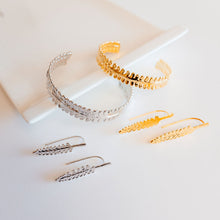 Load image into Gallery viewer, lavender cuff bracelet and earrings gold and silver
